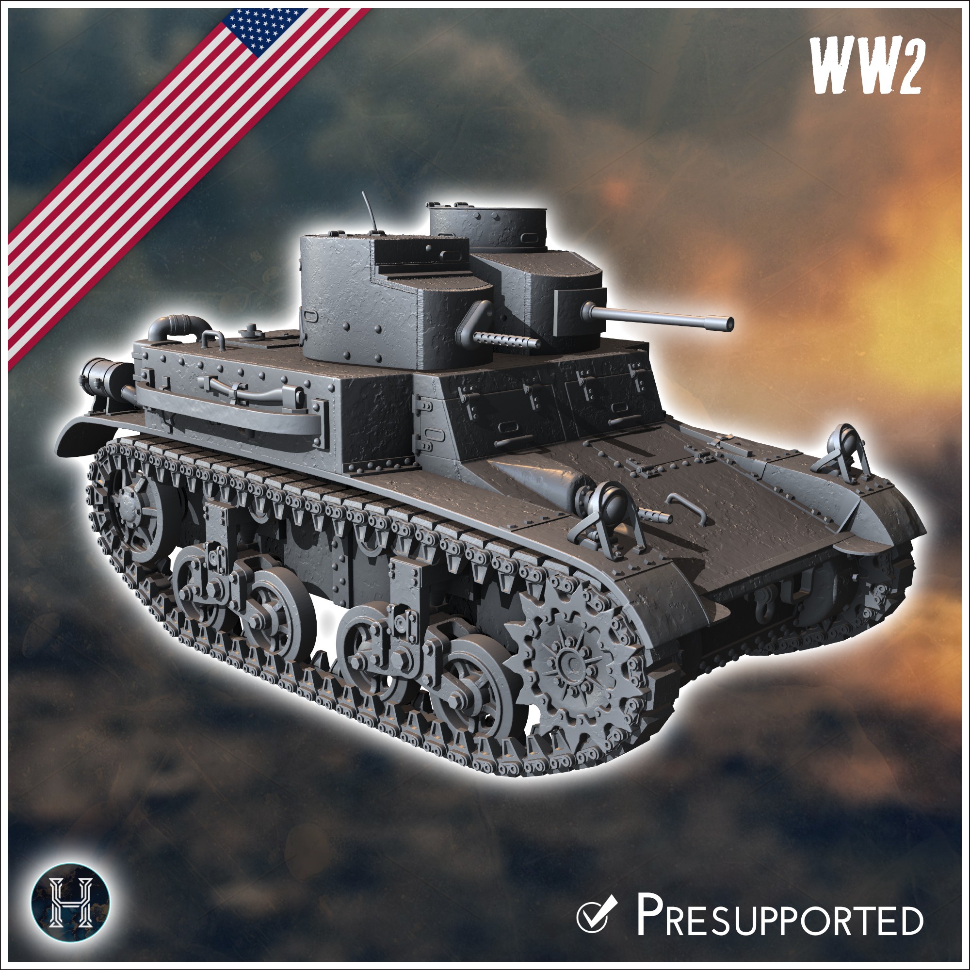 M2A2 Light Tank (combat damaged version) - USA US Army Western Front Normandy Africa Bulge WWII D-Day